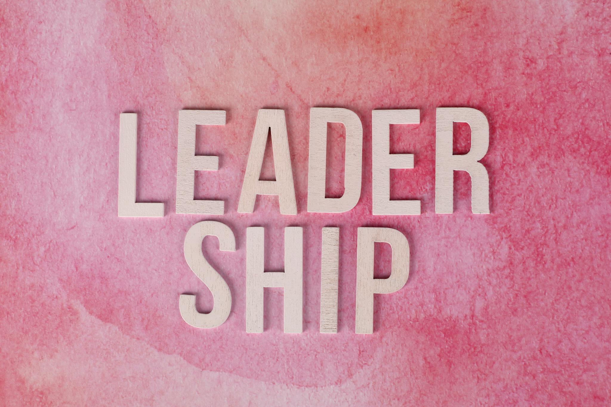 Text 'Leadership' on a textured pink background illustrating influence.